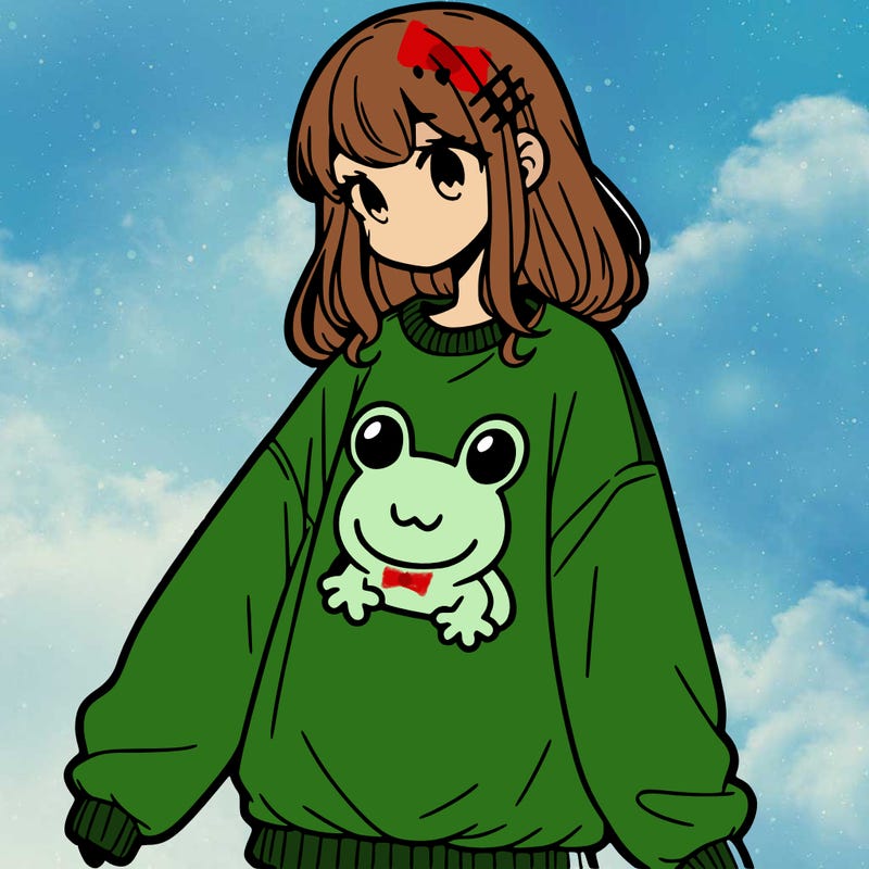 girl wearing frogging sweatshirt