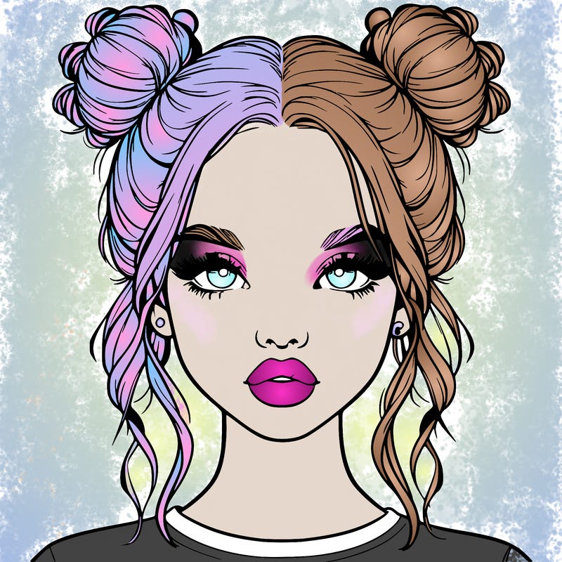 realistic girl with two buns in hair and lips
