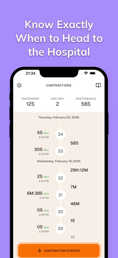 Contraction Timer: Counter - Interface de aplicativo móvel para cronometrar contrações de trabalho de parto com estatísticas de frequência e duração.