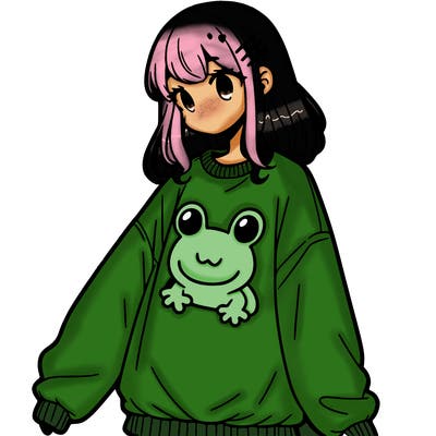 girl wearing frogging sweatshirt