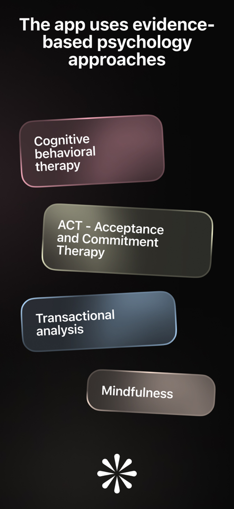 Feel Up: Mood & Habit Tracker - Captura de pantalla que muestra enfoques de psicología basados en evidencia utilizados en la aplicación Feel Up, incluyendo TCC y Mindfulness