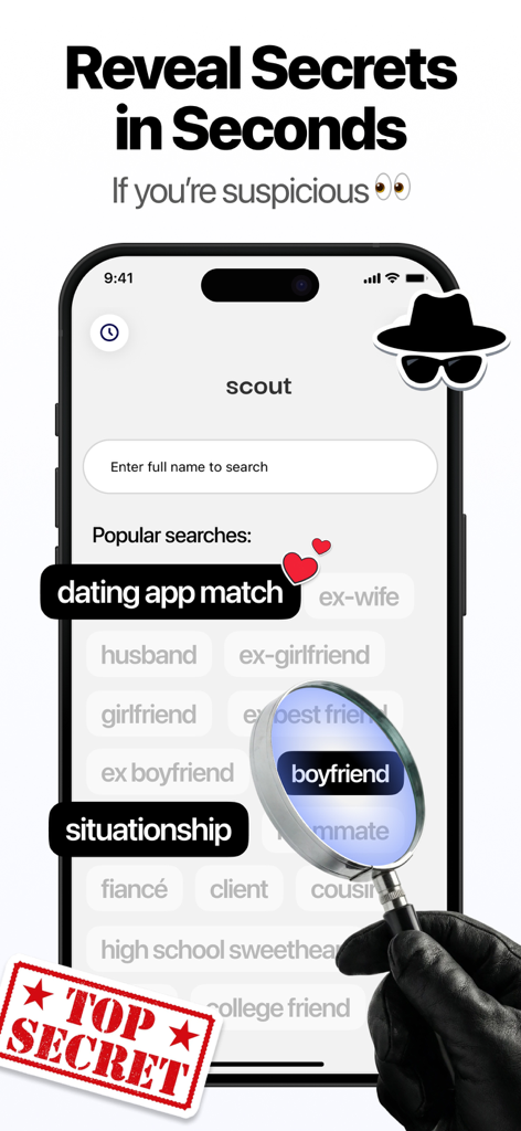 Scout: Deep Search AI - Interface of the Scout app showing popular search categories for vetting dating matches and social connections.