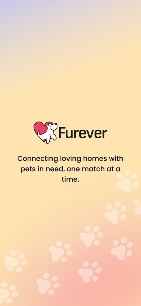 Furever - Pantalla de inicio de la aplicación Furever que muestra un logotipo de perro en un corazón y el eslogan que conecta hogares amorosos con mascotas.