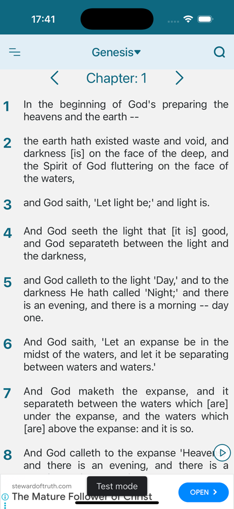 Young's Literal Translation - 創世記第1章の節を表示するYoungs Literal Translation Bibleアプリのインターフェース