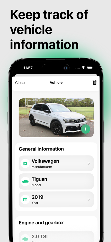 AutoIQ: Сar maintenance log - Interfaz de la aplicación móvil para rastrear información del vehículo, incluyendo marca, modelo y año