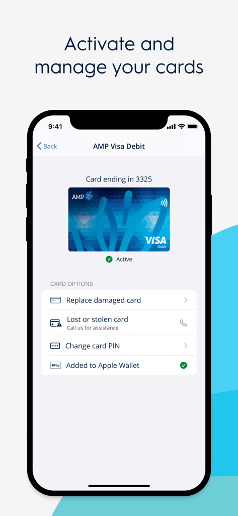Interface of the My AMP app for managing debit cards including PIN changes and reporting lost cards.