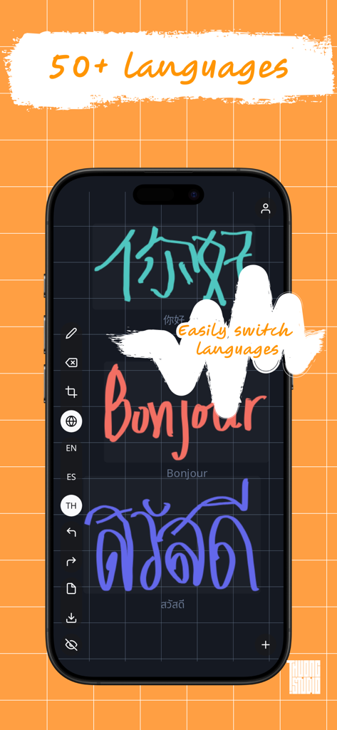 VocaBoard: Writing Practice - A smartphone screen showing the VocaBoard app with handwritten greetings in Chinese, French, and Thai, highlighting its support for over 50 languages.