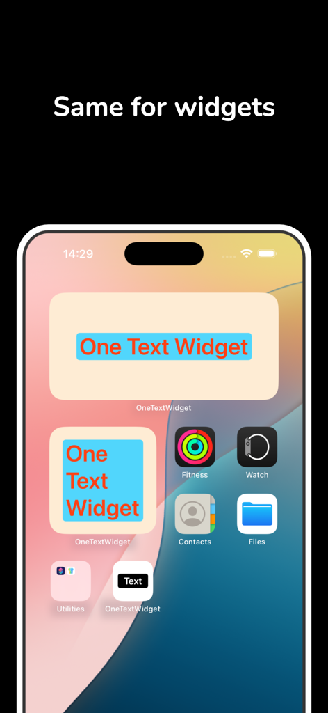 One Text Widget - Pantalla de inicio de iPhone que muestra diferentes tamaños y estilos de One Text Widget.