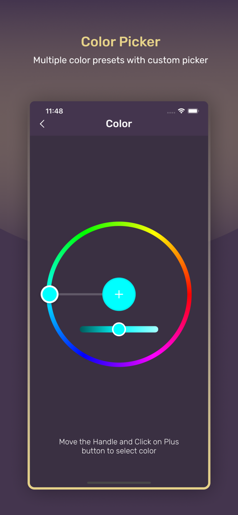Screen Light Table Lamp - La interfaz del selector de color personalizado dentro de la aplicación Lámpara de Mesa de Luz de Pantalla con una rueda de colores y un control deslizante de brillo.