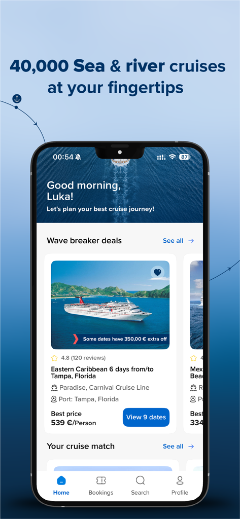 カリブ海クルーズのディールと価格情報が表示されているChooseCruiseアプリのホーム画面。