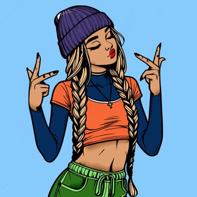 realistic teenage girl with braids and a beanie and crop top doing 🫶🏼