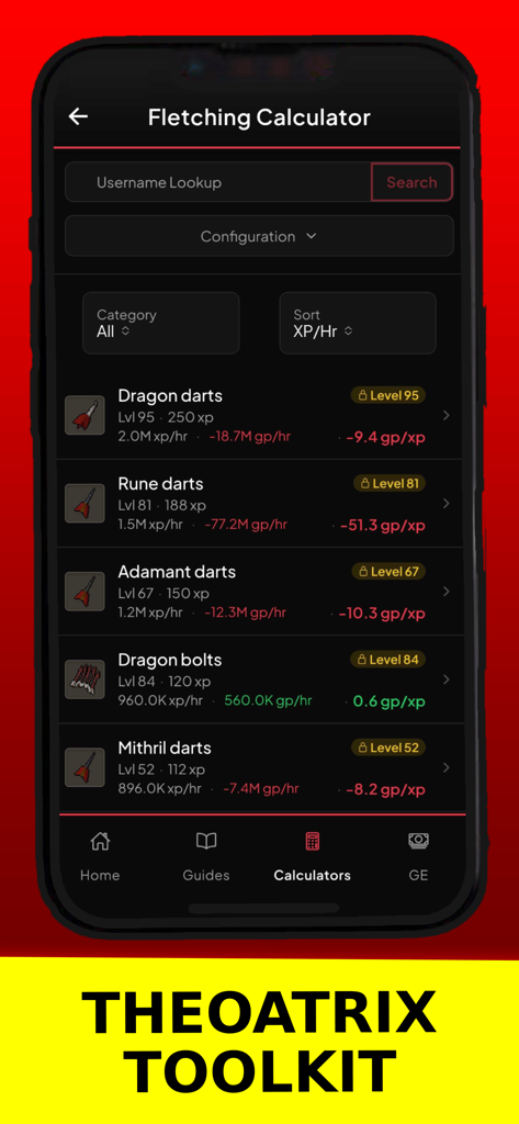 Theoatrix Toolkit - Theoatrix Toolkit fletching calculator interface displaying XP and GP per hour for OSRS darts and bolts