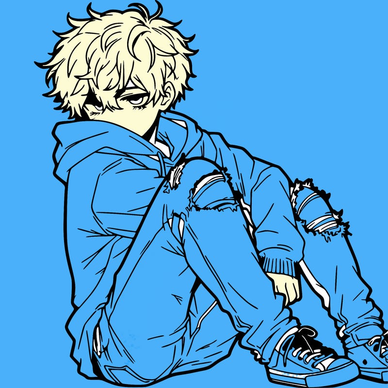 a male hoddie ripped jeans messy hair anime