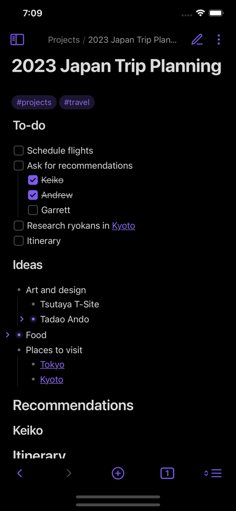 Obsidian mobile app interface showing a trip planning note with checklists and nested ideas
