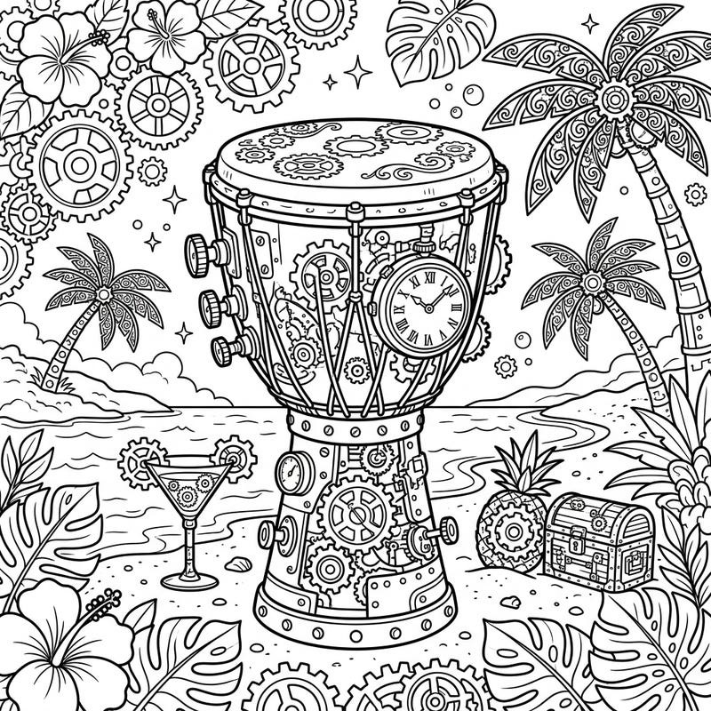 Embark on an extraordinary coloring journey with this unique steampunk djembe drum, set against a lively summer beach scene. Gears, tropical foliage, and clockwork details offer a complex and rewarding artistic challenge.