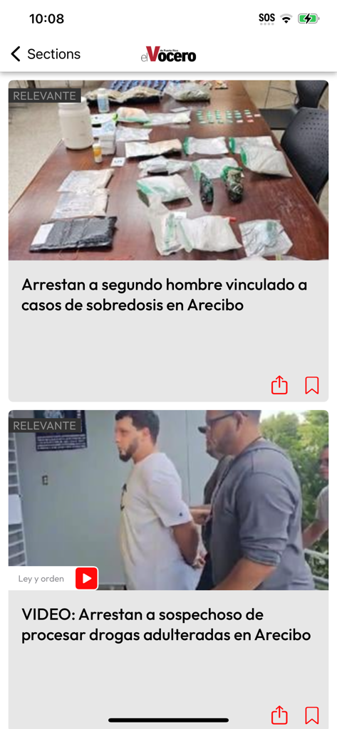 Feed de noticias que muestra artículos sobre orden público en la interfaz de la aplicación móvil El Vocero de Puerto Rico.