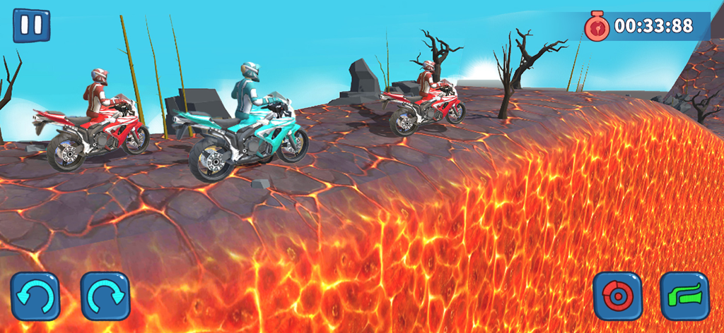 Motocross Bike Racing Game - Tres motociclistas compitiendo en una pista volcánica con lava fluyendo en un juego móvil