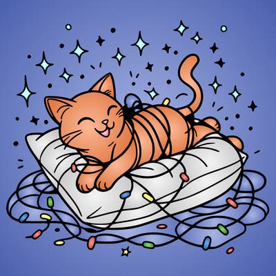 a cat happily tangled in glowing lights, lounging on a big cushion, clean lines, simple design, uncomplicated, tatoo desing