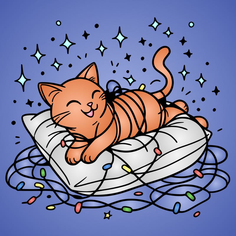 a cat happily tangled in glowing lights, lounging on a big cushion, clean lines, simple design, uncomplicated, tatoo desing