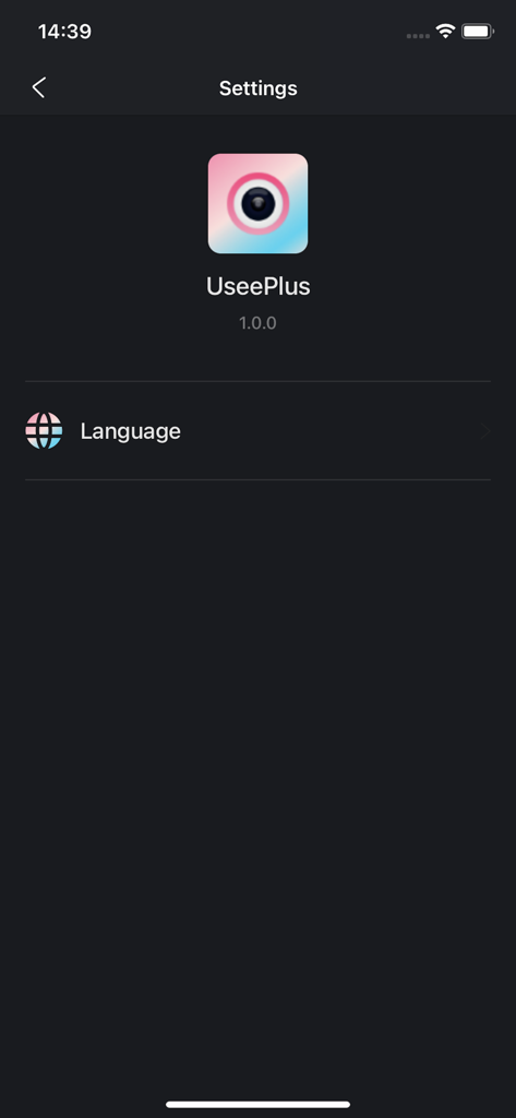 UseePlus - Die Einstellungsansicht der UseePlus-App, die Versionsinformationen und Sprachoptionen anzeigt.