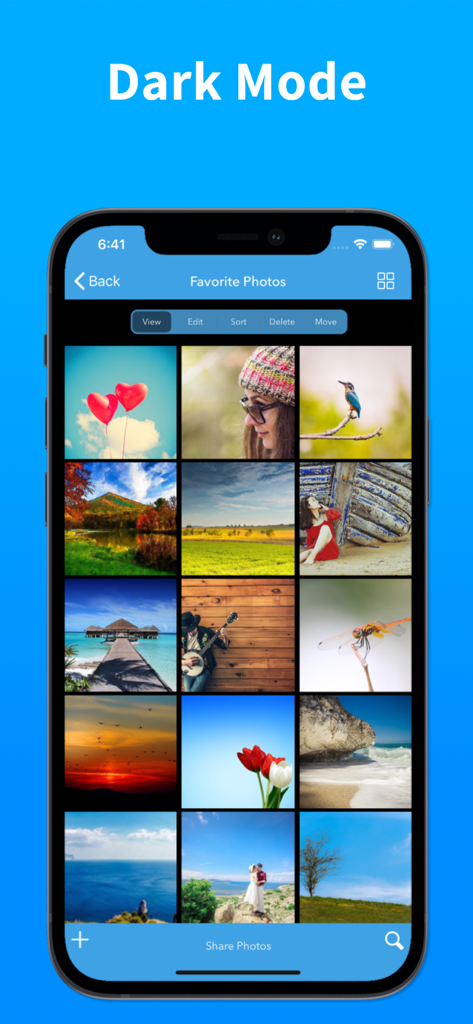Photo Album Private Manager - Photo Album Private Manager dark mode interface showing a grid of favorite photos on an iPhone