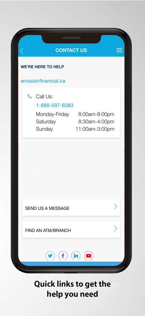 Envision Financial - Contact Us screen of the Envision Financial mobile banking app showing customer service phone number operating hours and branch locator links