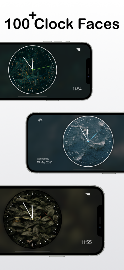 Analog Clock - Desk Widget - Three iPhones in landscape mode displaying different aesthetic analog clock faces with forest, water, and leaf backgrounds.