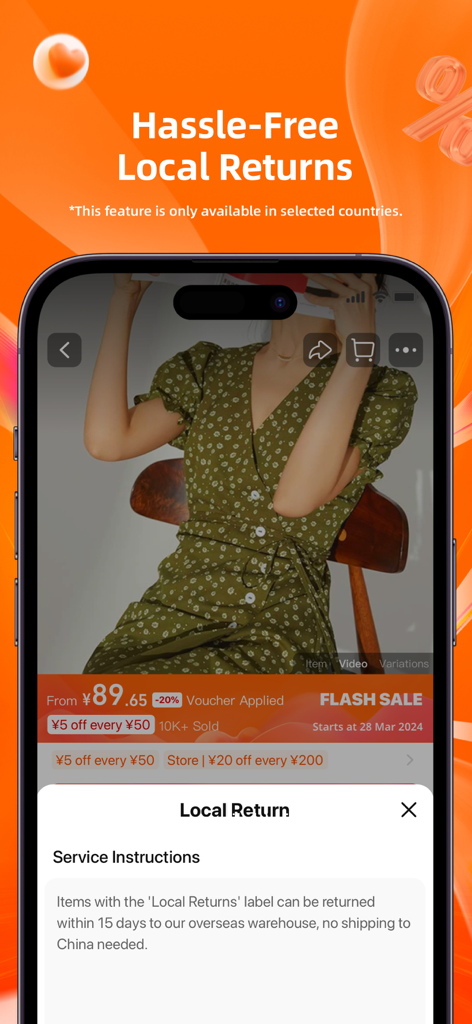 Taobao app interface showing hassle-free local returns service for international shoppers