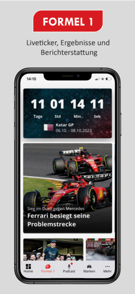 auto motor und sport News - Smartphone-Bildschirm der auto motor und sport App mit Formel-1-Nachrichten und einem Countdown für den nächsten Grand Prix