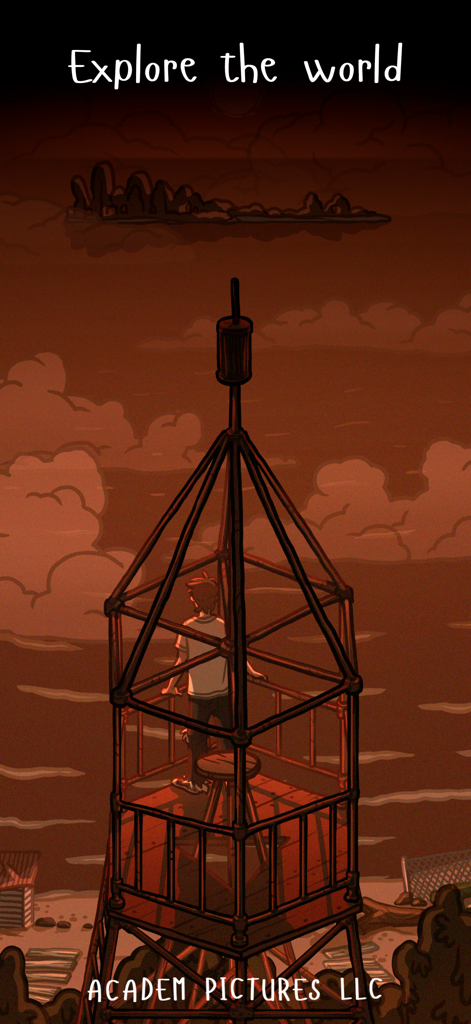 ACADEM DREAMS: Adventure & Sim - Un personaggio in piedi su un'alta torre metallica che si affaccia su un mare nebbioso sotto un cielo rosso in ACADEM DREAMS