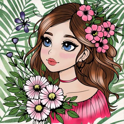 realistic girl with flowers