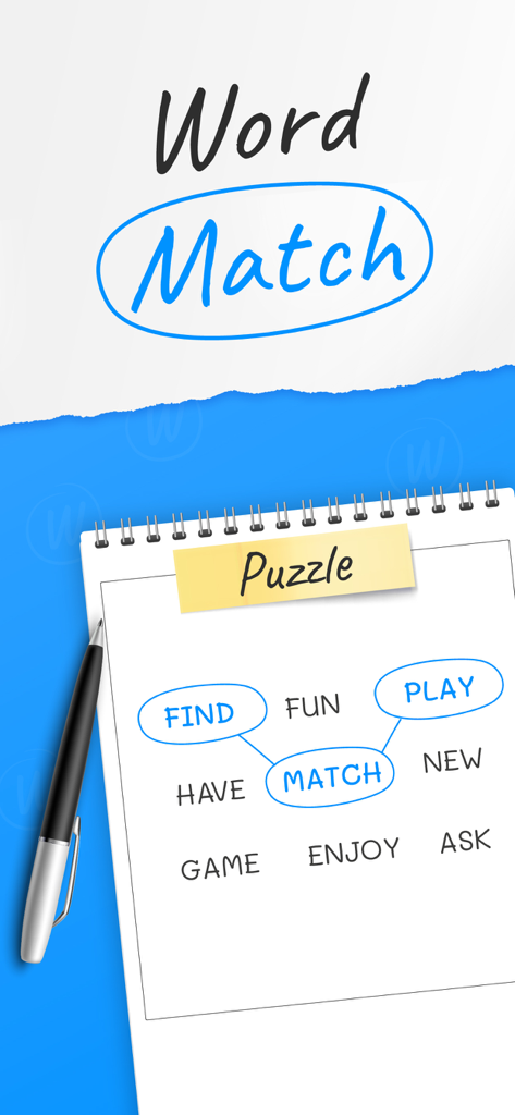 Word Match: Connections Game - A promotional graphic for Word Match Connections Game showing words like Find, Match, and Play connected on a notebook page
