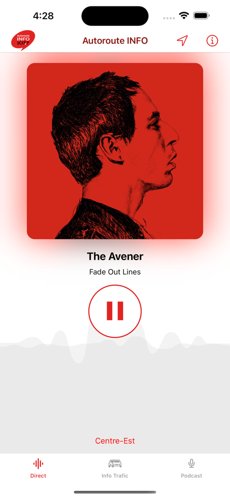 Autoroute INFO - Autoroute INFO app interface displaying a live music player with a pause button and song details