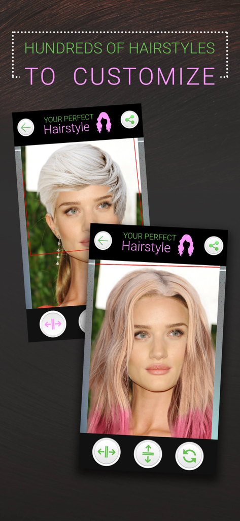 Perfect Hairstyle and Hair Cut - Schermata dell'app mobile che mostra una donna che prova virtualmente diverse acconciature corte e lunghe