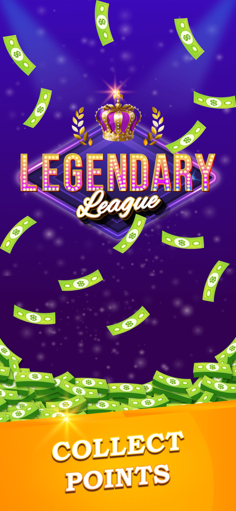 Fortune Words – Lucky Spin - Tela da Liga Lendária do jogo Fortune Words mostrando a liga com uma coroa e dinheiro caindo