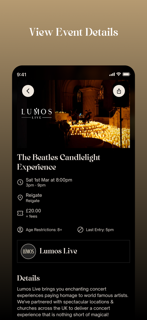 Ein Smartphone-Bildschirm mit den Veranstaltungsdetails eines Beatles-Kerzenlichtkonzerts in der Lumos Live App, einschließlich Zeit, Ort und Preisgestaltung.