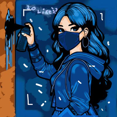 realistic girl with mask spray painting a wall