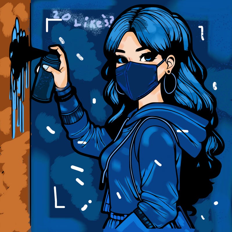 realistic girl with mask spray painting a wall