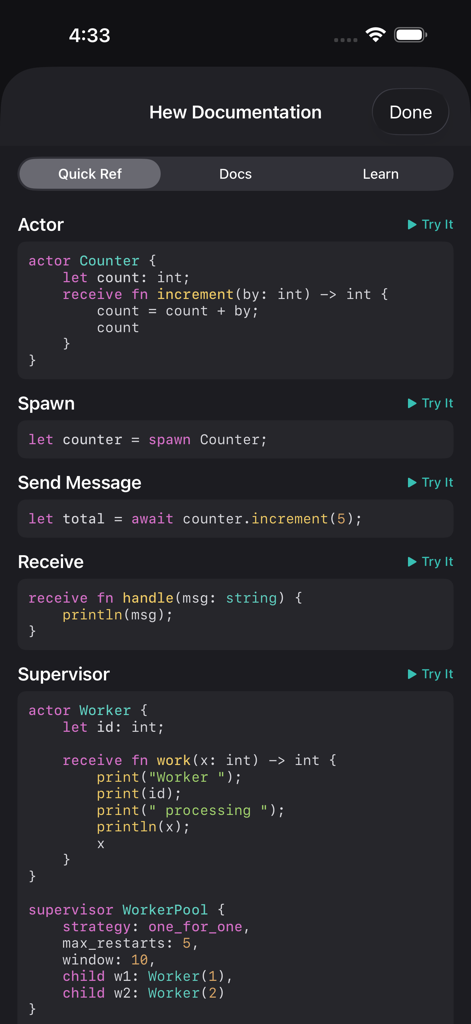Hew Playground - Hew Playground app documentation showing quick reference code snippets for actors and supervisors