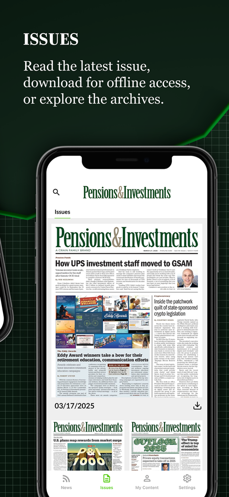 Pensions & Investments - 年金・投資モバイルアプリの「Issues」画面。出版物の最新デジタル版が表示されています。