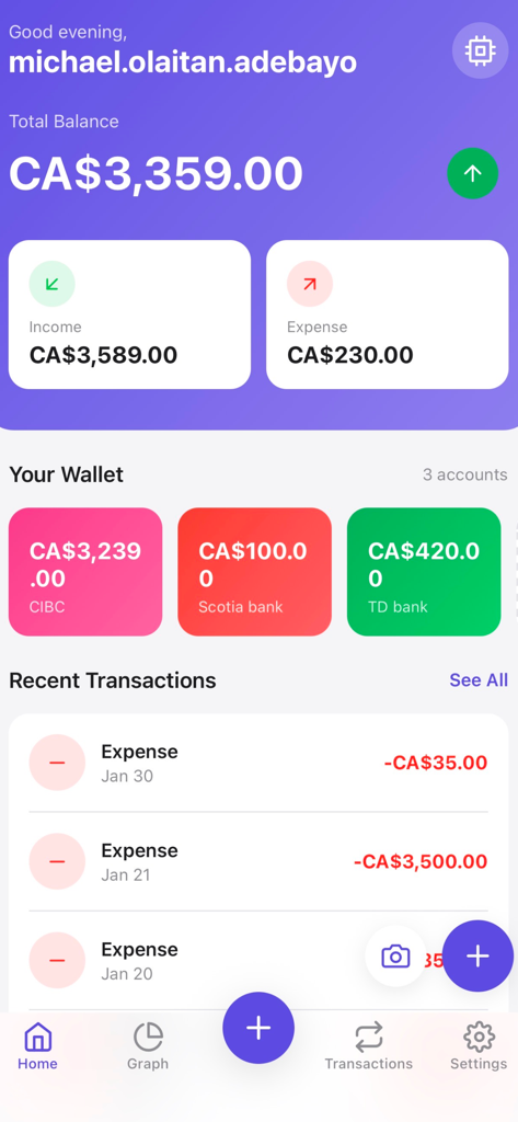 Steps Budget Tracker - Steps Budget Tracker mobile app dashboard showing total balance income and expenses summary