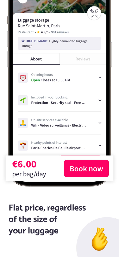 パリの荷物預かり場所を1日6ユーロの均一料金で表示するNannybagアプリインターフェース