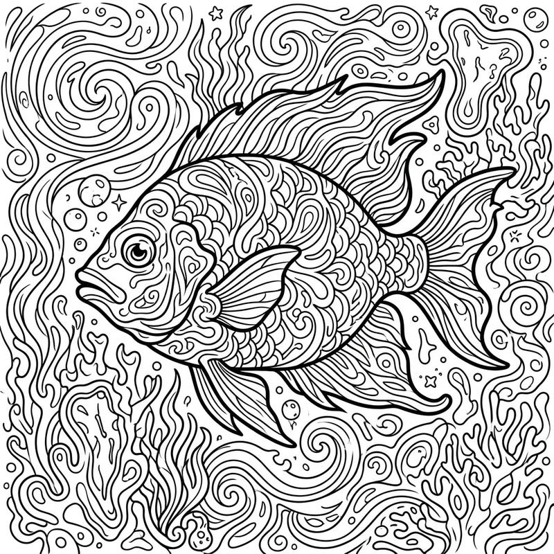 Unleash your creativity with this intricate tropical fish coloring page. Featuring a mesmerizing psychedelic style, it promises a uniquely artistic coloring experience.