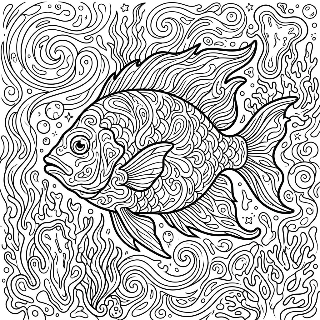 Psychedelic Tropical Fish Coloring Page | Trippy Ocean Art