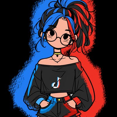 girl with a messy ponytail glasses a baggy crop top and jean shorts