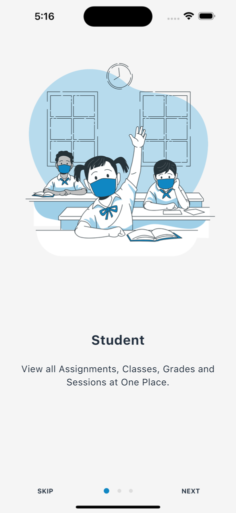 OpenEduCat - Educational ERP - Pantalla de incorporación a la app OpenEduCat para estudiantes, con una ilustración de aula y un resumen de las herramientas de gestión académica.