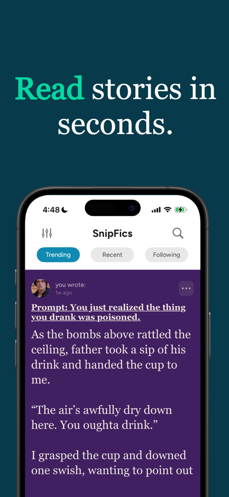 SnipFic - Pantalla de la aplicación móvil SnipFic que muestra una historia de ficción corta basada en una indicación creativa de escritura