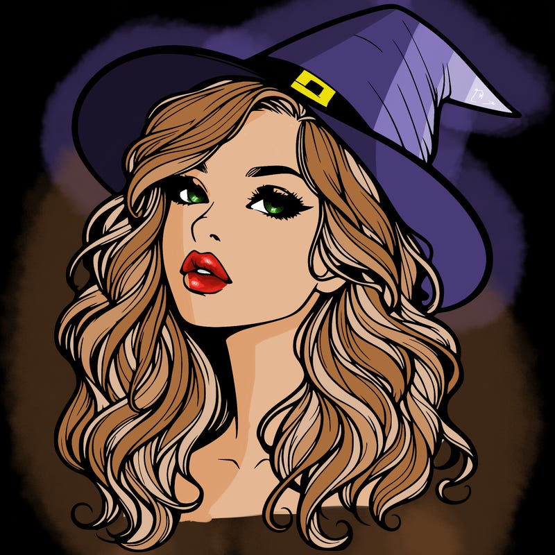 realistic witch girl with wavy hair and lips