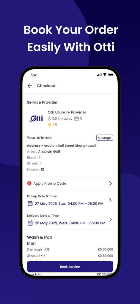 Otti App - Interfaz móvil de la App Otti para el pago de la lavandería con detalles del proveedor de servicios y horario