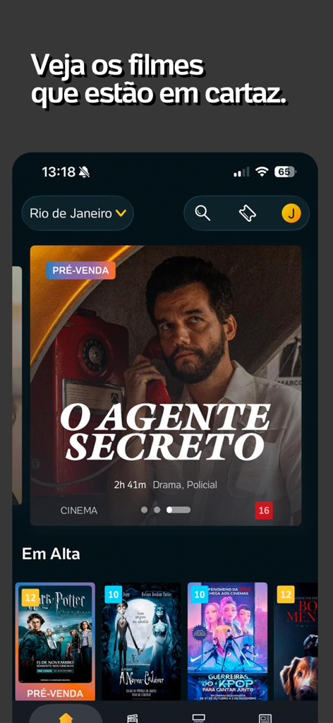 Ingresso.com mobile app showing movie pre-sale and trending titles in Rio de Janeiro.